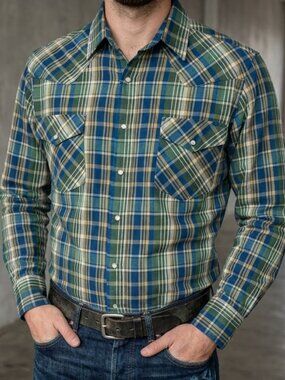 Rock Creek Vintage Pearl Snap Western Shirt Plaid Long Sleeve Blue Green Men's L